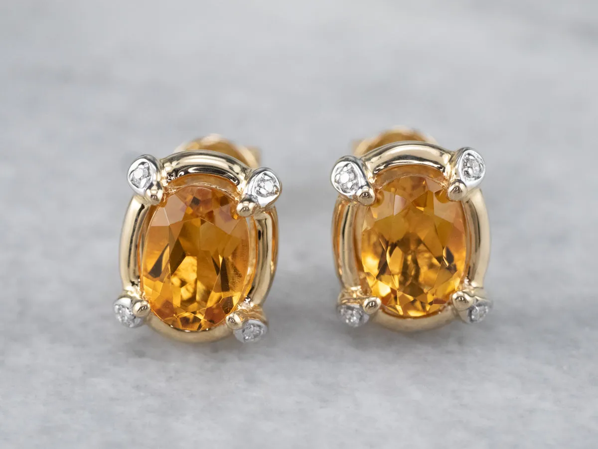 Modern Citrine and Diamond Stud Earrings