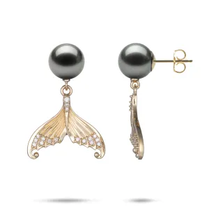 Moon Mermaid Tail Tahitian Black Pearl Earrings in Gold with Diamonds - 9-10mm