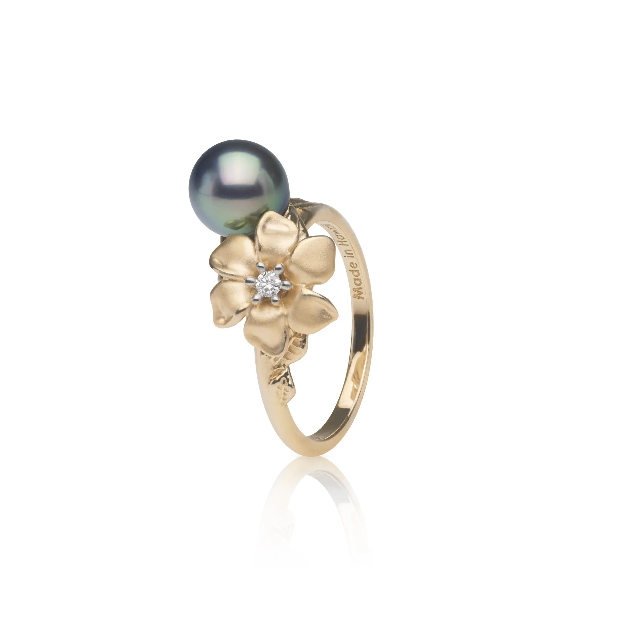 N????? Tahitian Black Pearl Ring in Gold with Diamond - 7-8mm
