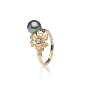 N????? Tahitian Black Pearl Ring in Gold with Diamond - 7-8mm