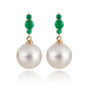 Orion Earrings in White Akoya Pearls & Emeralds