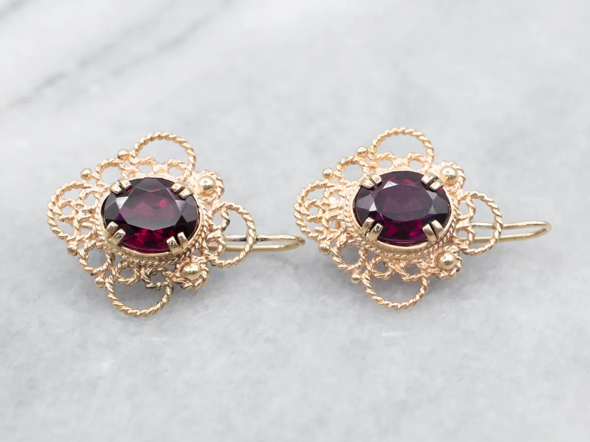 Ornate Gold Pyrope Garnet Filigree Drop Earrings