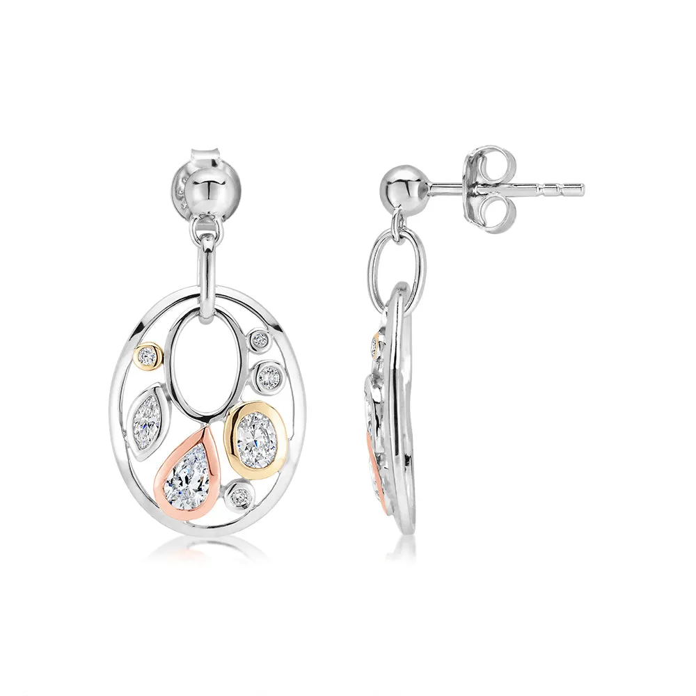 Oval and Pear drop earrings with 1.18 carats* of diamond simulants in 10 carat yellow and rose gold and sterling silver