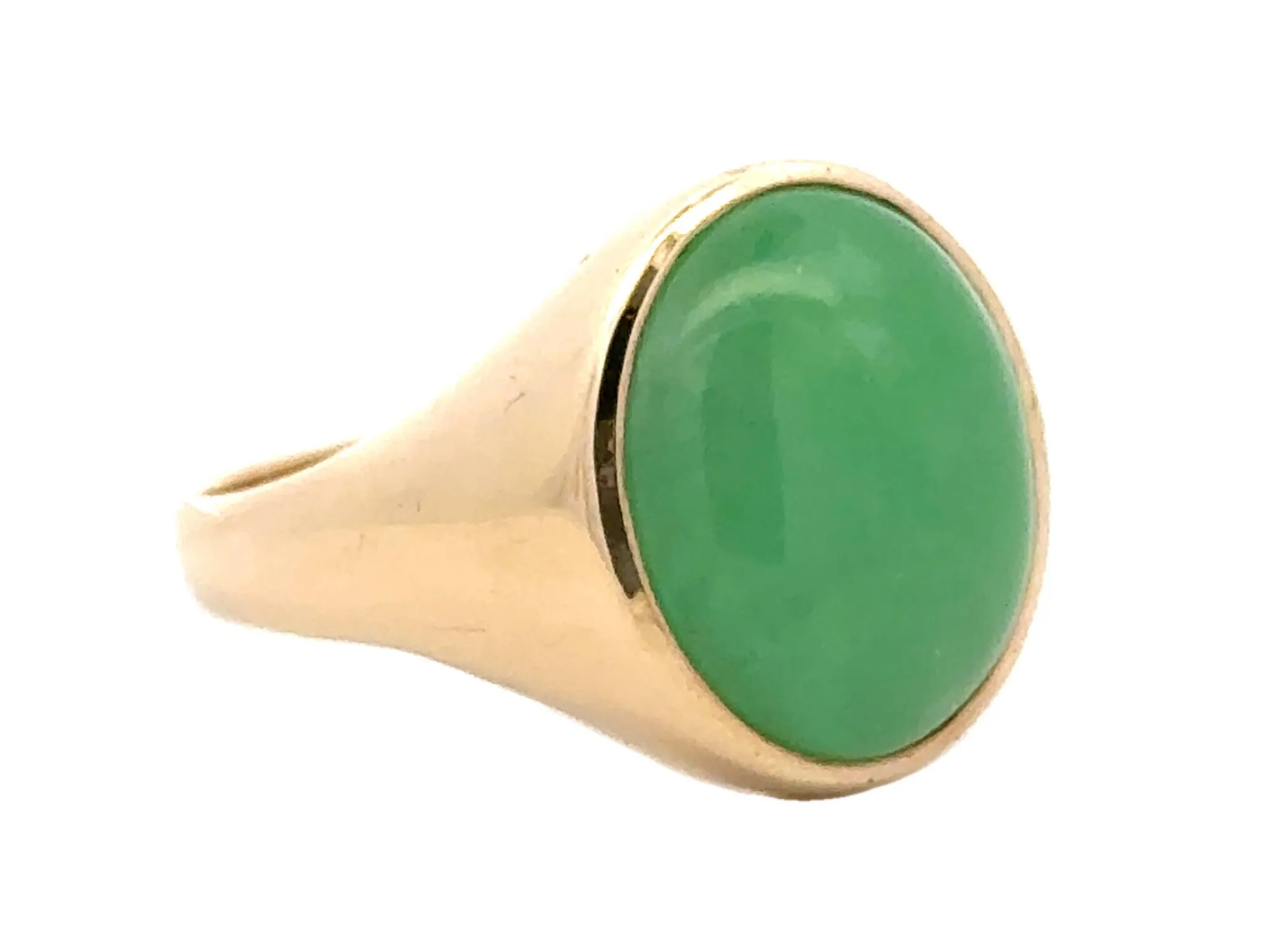 Oval Cabochon Mottled Green Jade Ring 14K Yellow Gold