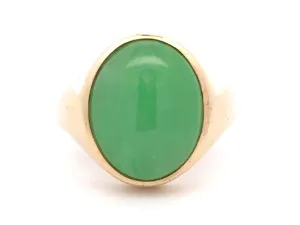 Oval Cabochon Mottled Green Jade Ring 14K Yellow Gold