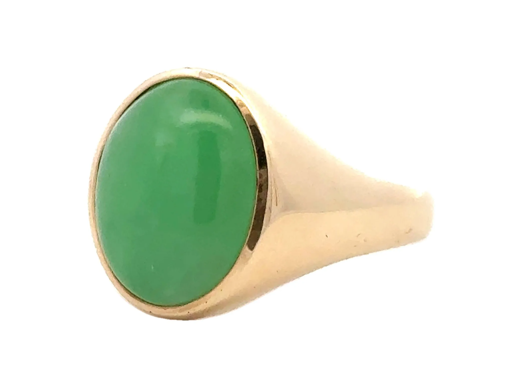 Oval Cabochon Mottled Green Jade Ring 14K Yellow Gold