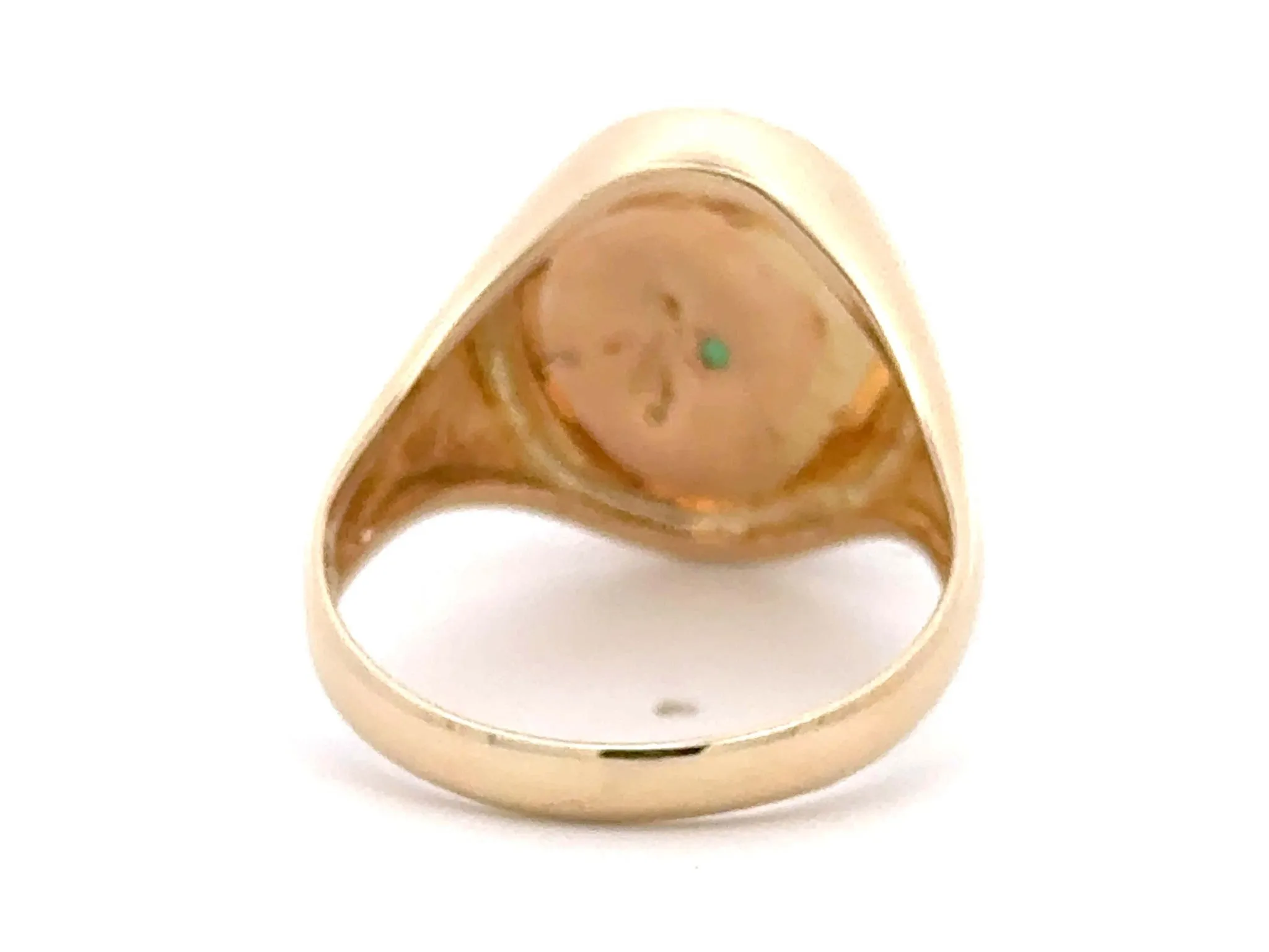 Oval Cabochon Mottled Green Jade Ring 14K Yellow Gold