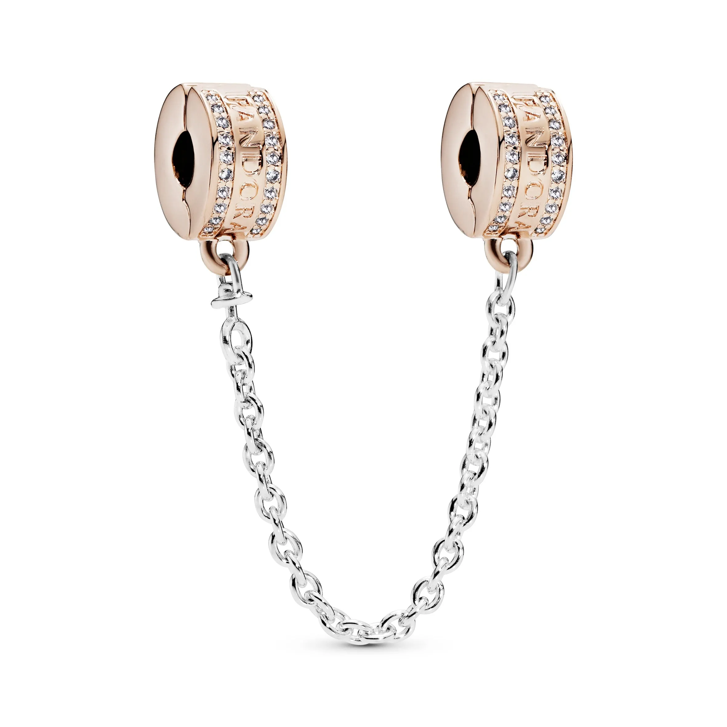 PANDORA Rose logo safety chain with clear cubic zirconia, silicone grip and silver chain