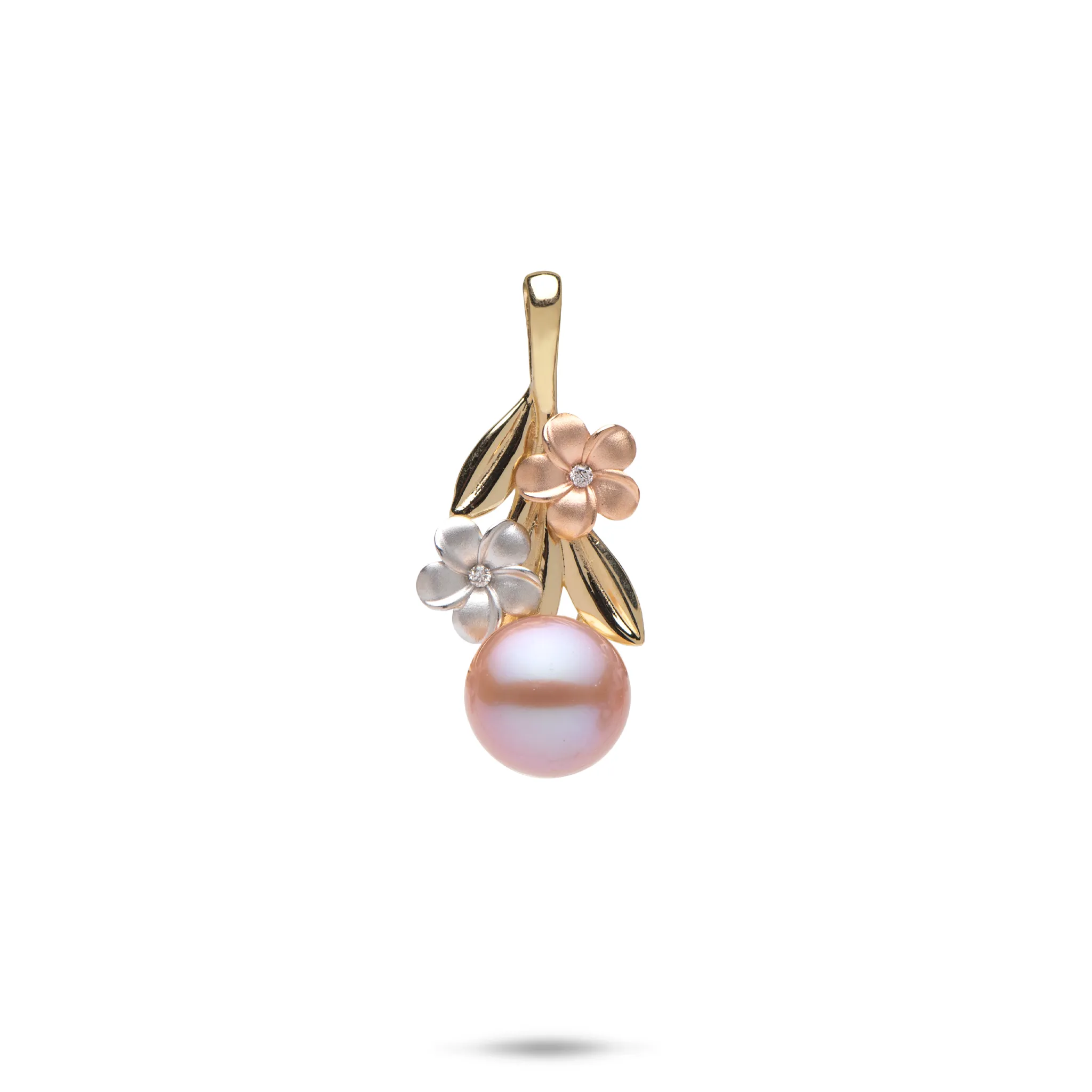 Pearls in Bloom Plumeria Lavender Freshwater Pearl Pendant in Tri Color Gold with Diamonds - 7-8mm