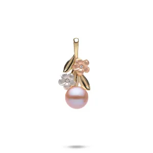 Pearls in Bloom Plumeria Lavender Freshwater Pearl Pendant in Tri Color Gold with Diamonds - 7-8mm