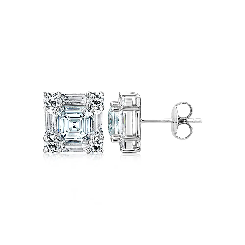 Princess Cut, Baguette and Round Brilliant stud earrings with 8.42 carats* of diamond simulants in 10 carat white gold