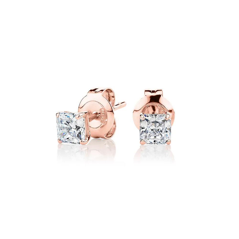 Princess Cut stud earrings with 0.5 carats* of diamond simulants in 10 carat rose gold