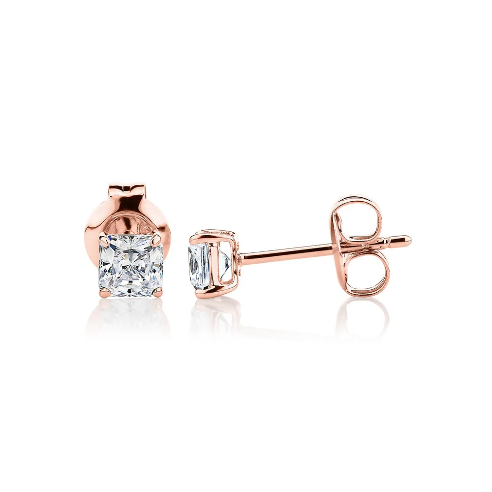 Princess Cut stud earrings with 0.5 carats* of diamond simulants in 10 carat rose gold
