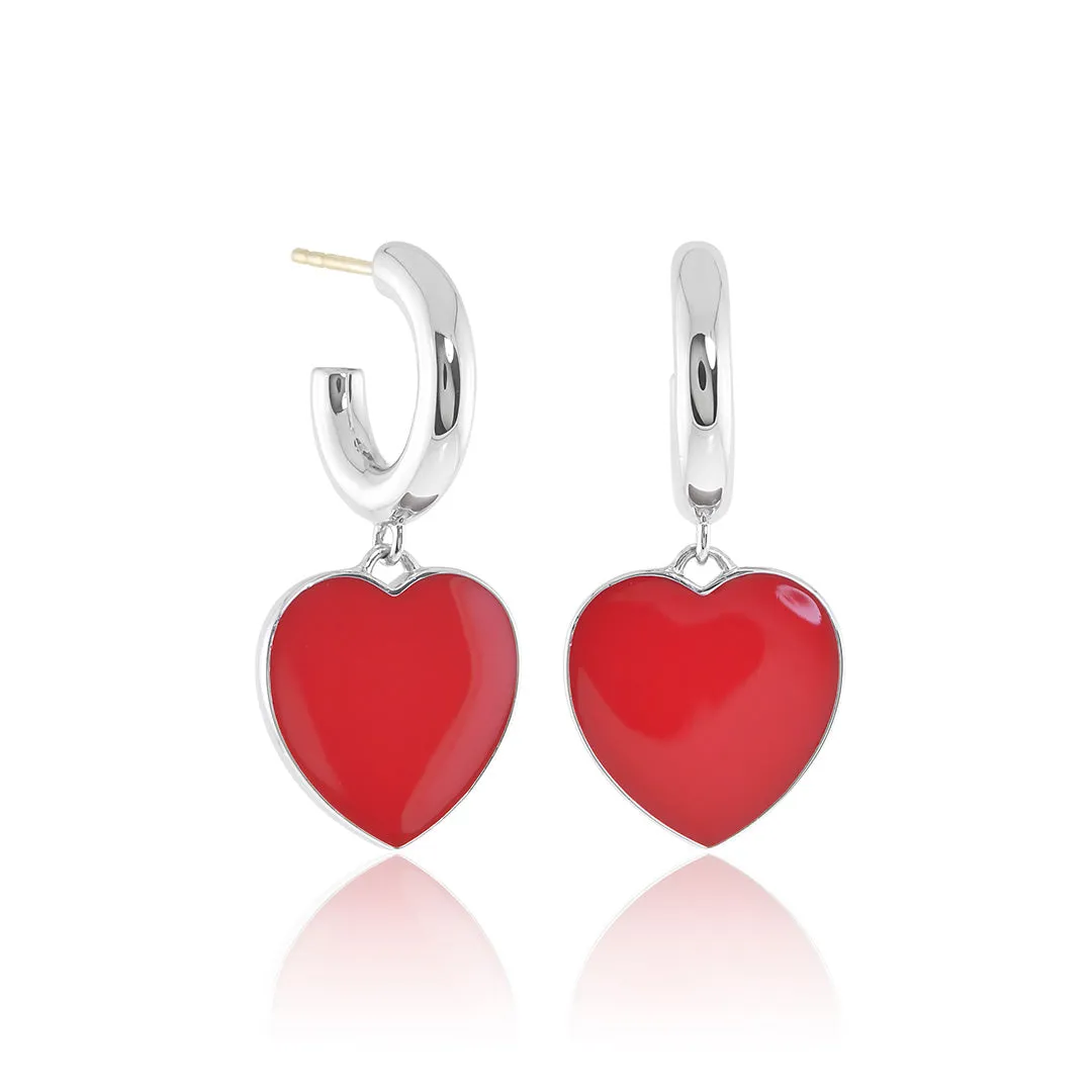 Red Enamel & Silver Heart Charm Earrings