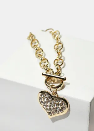 Rhinestone Heart Charm Gold Bracelet