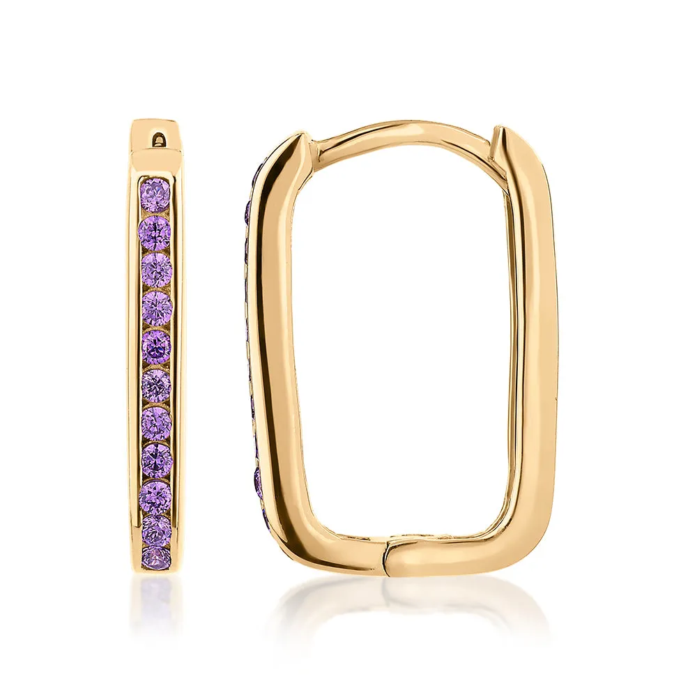 Round Brilliant hoop earrings with amethyst simulants in 10 carat yellow gold