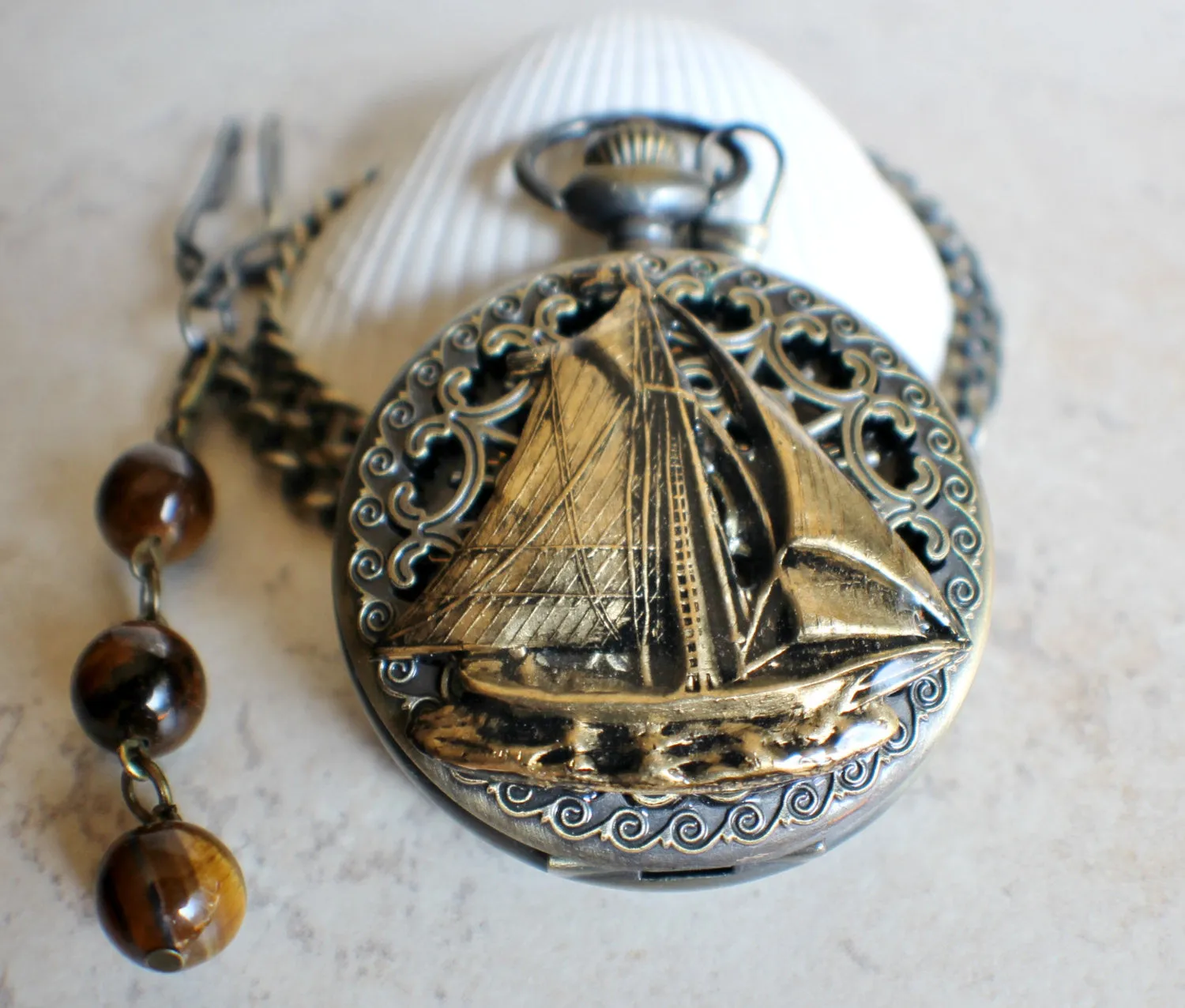 Sailboat mechanical pocket watch with sail boat