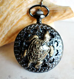Sea turtle mechanical pocket watch in black