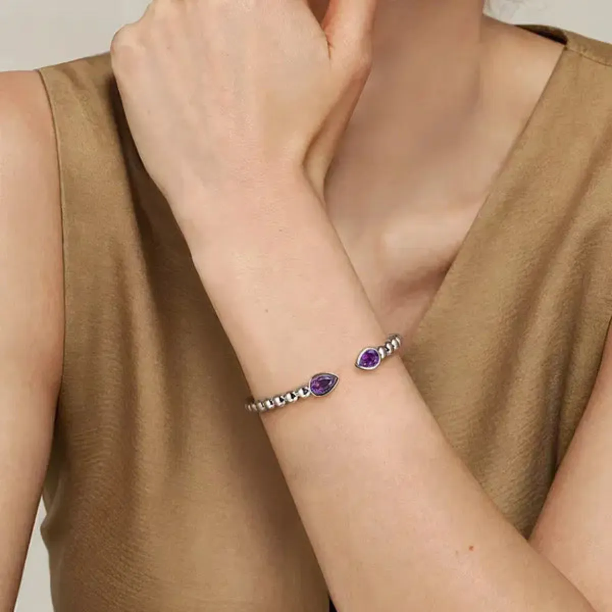 SS 2.41ctw Amethyst Beaded Bangle Bracelet