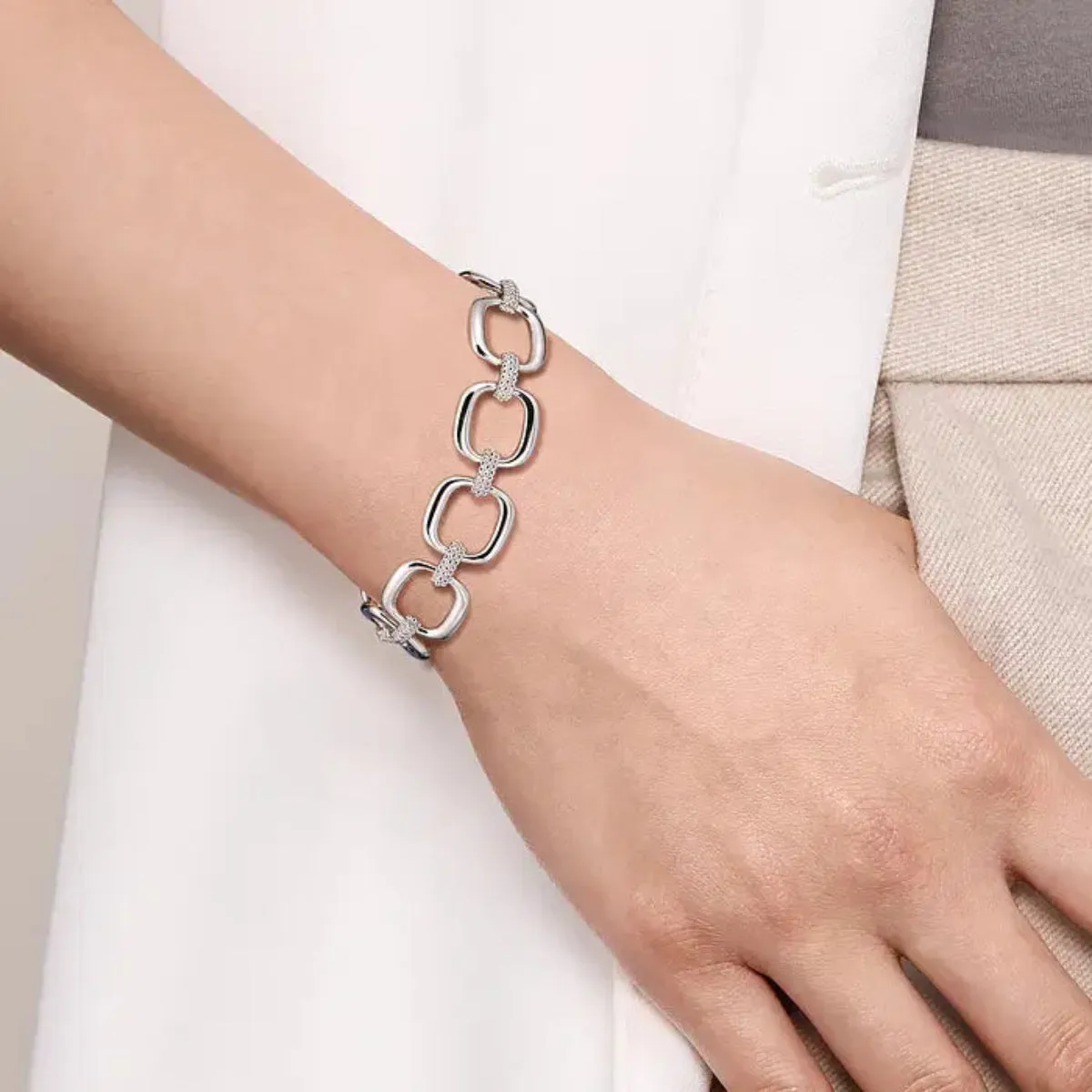SS 7" Beaded Square Link Bracelet