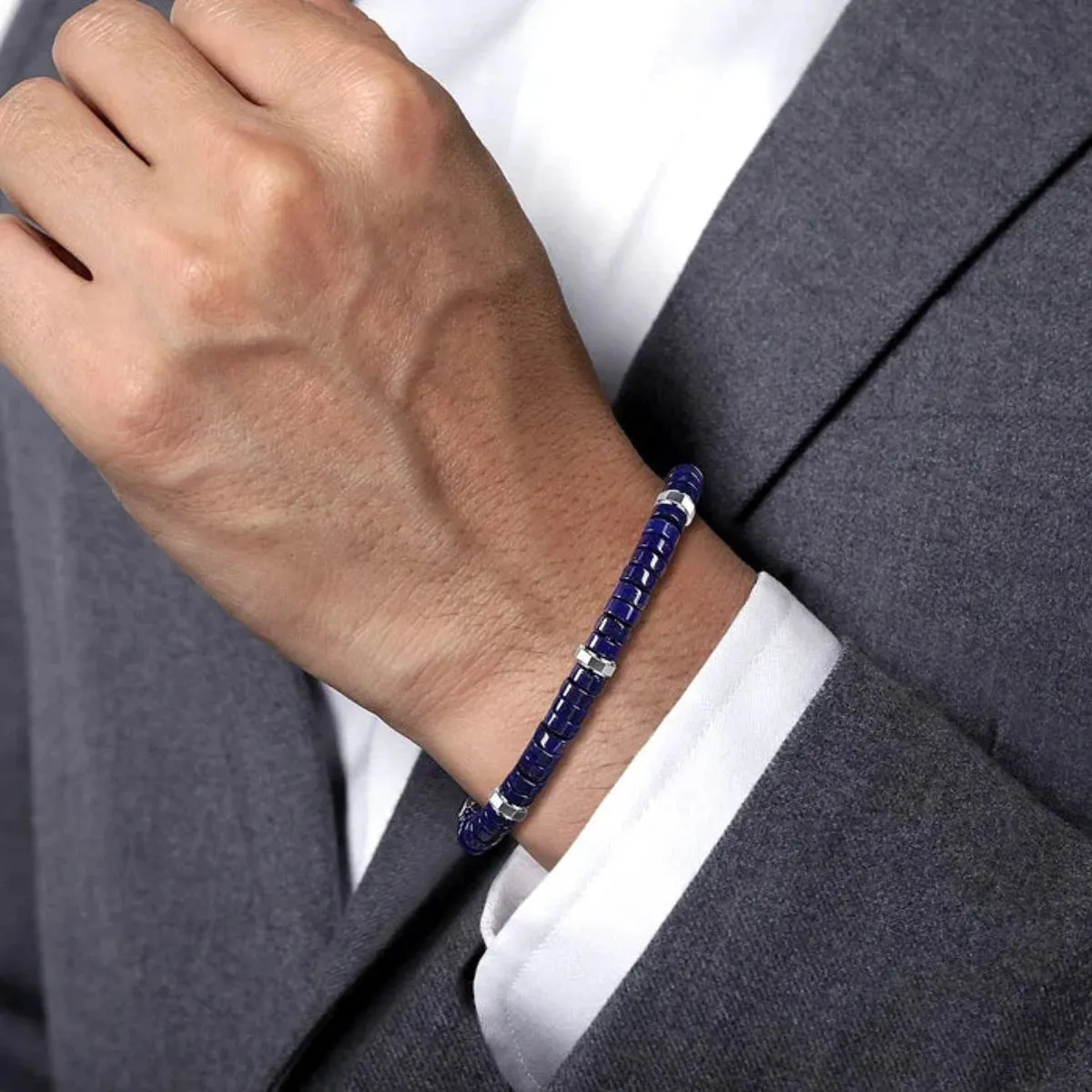 SS 8" 6mm Lapis Cylinder Beaded Bracelet