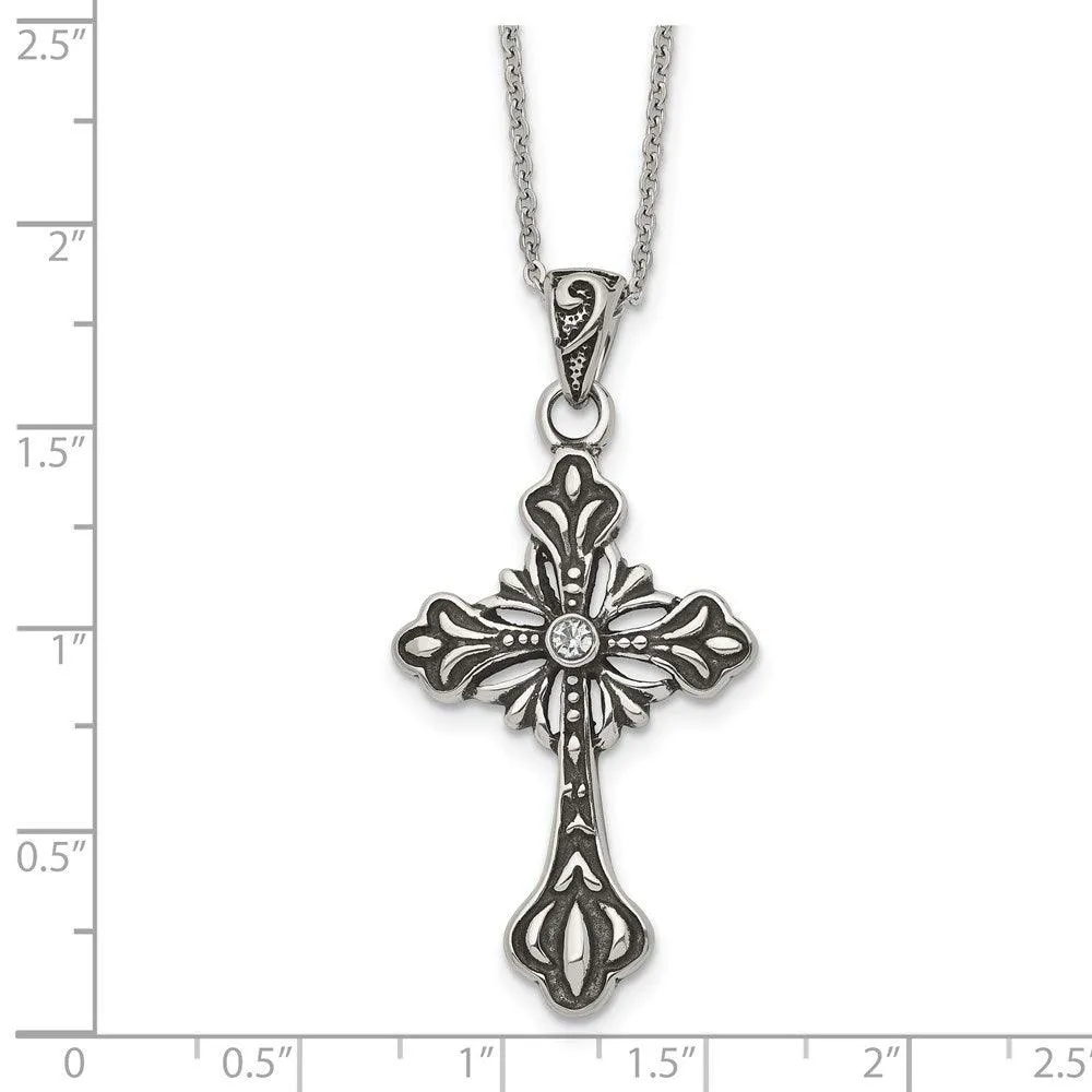 Stainless Steel Antiqued and Polished w/Crystal Cross Necklace
