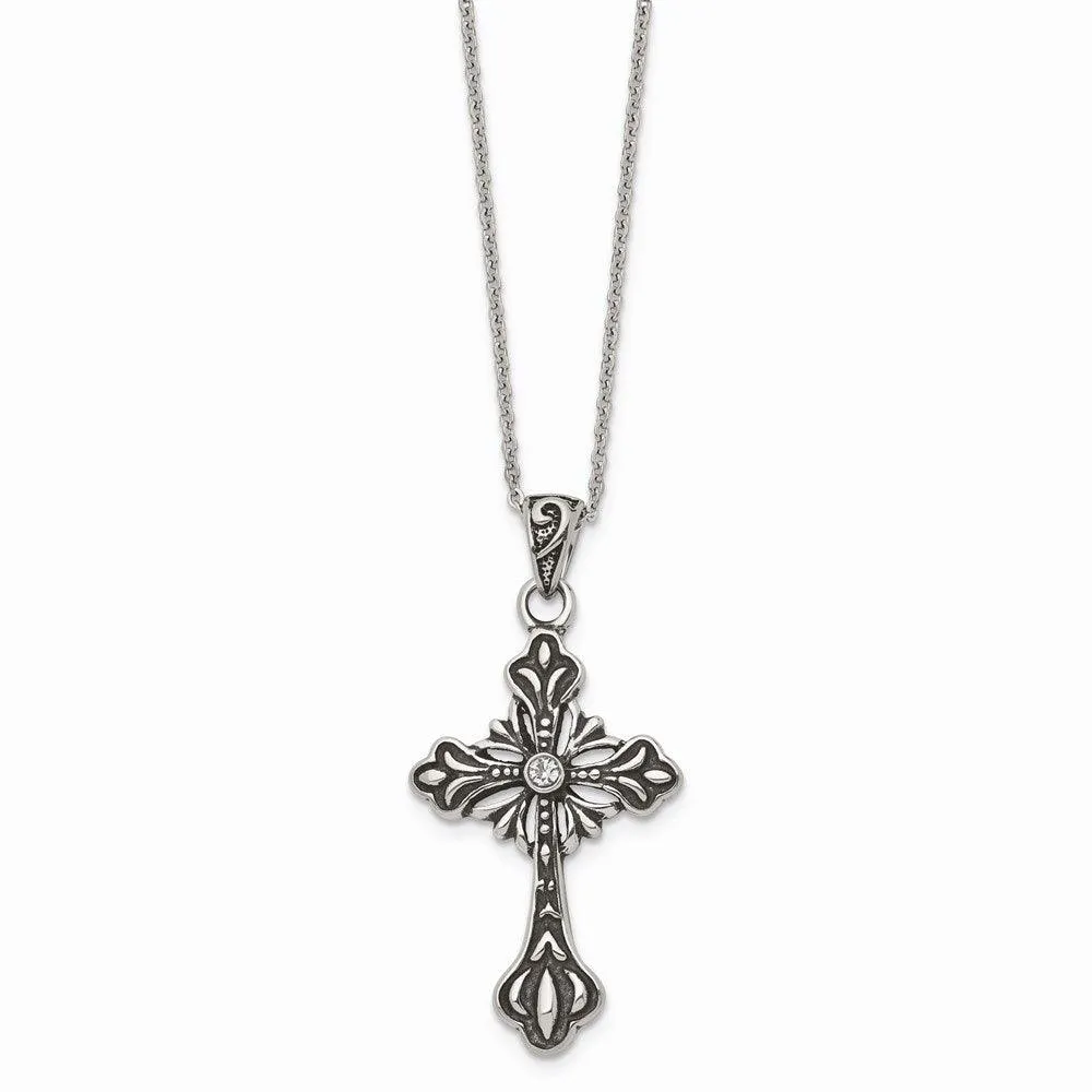 Stainless Steel Antiqued and Polished w/Crystal Cross Necklace