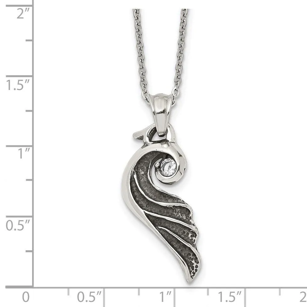 Stainless Steel Antiqued and Polished with Crystal Wing 18 in. Necklace