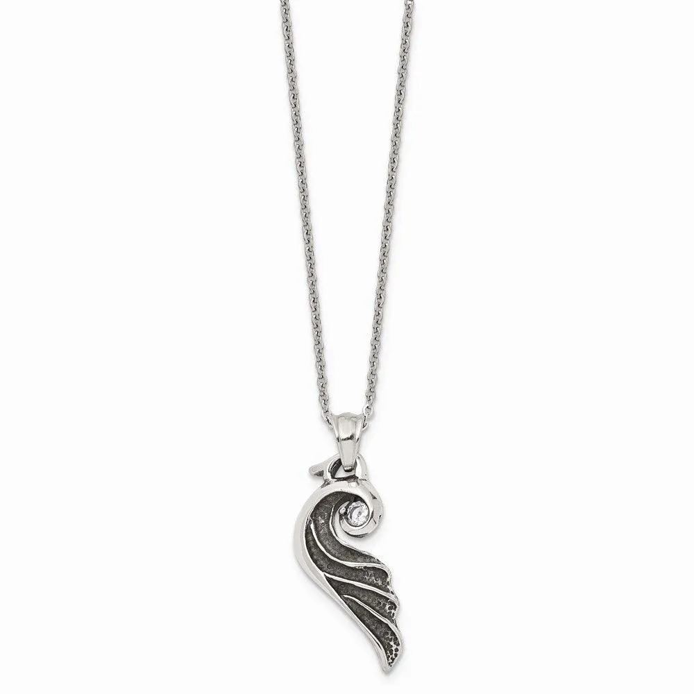 Stainless Steel Antiqued and Polished with Crystal Wing 18 in. Necklace