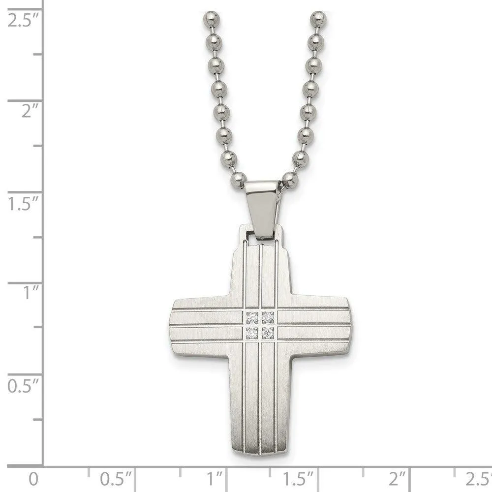 Stainless Steel Polished and Brushed CZ Cross Necklace