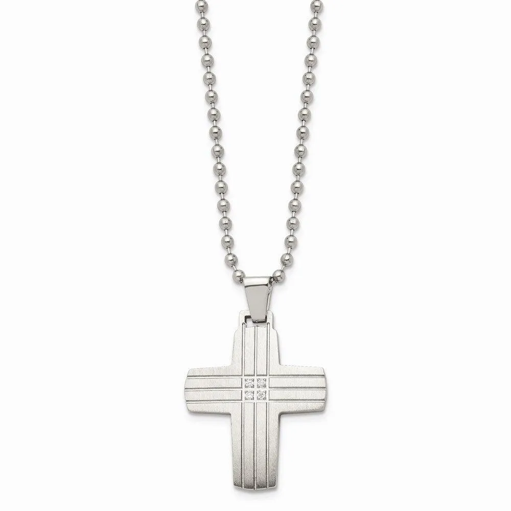 Stainless Steel Polished and Brushed CZ Cross Necklace