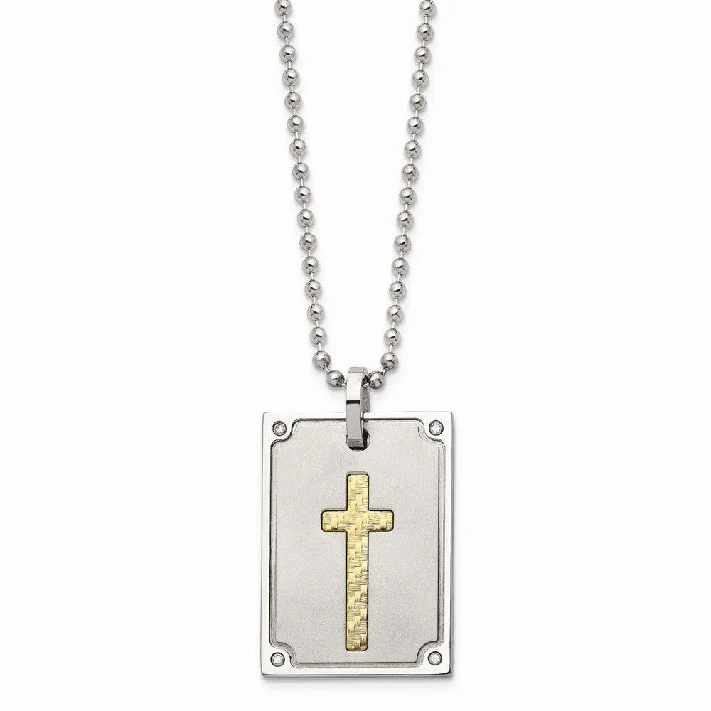 Stainless Steel w/18k Matte and Polished Diamond Square Necklace