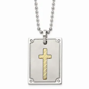 Stainless Steel w/18k Matte and Polished Diamond Square Necklace