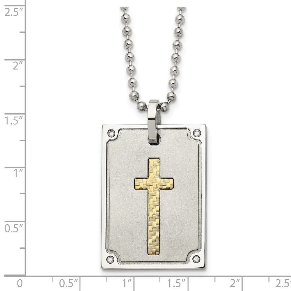 Stainless Steel w/18k Matte and Polished Diamond Square Necklace