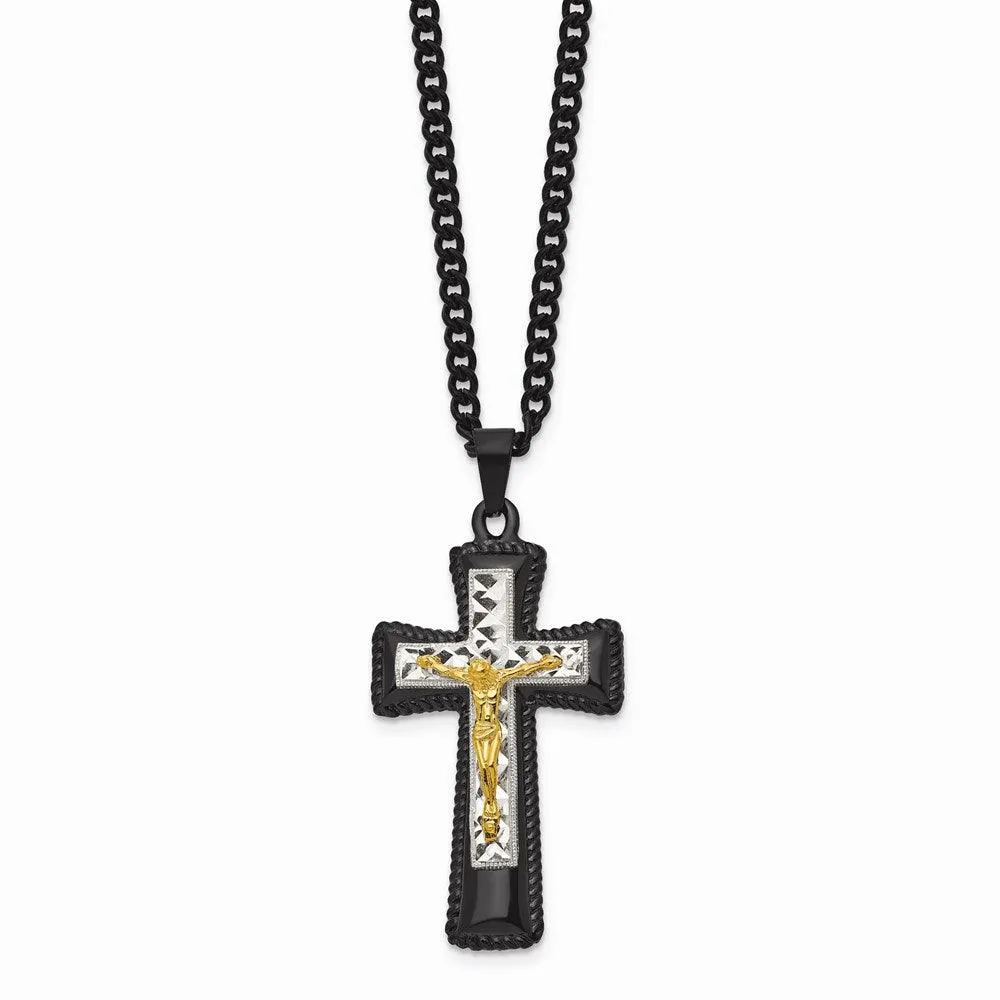 StainlessSteel Black & Yellow IP-plated w/ Silver IP Brass Crucifix Neckla