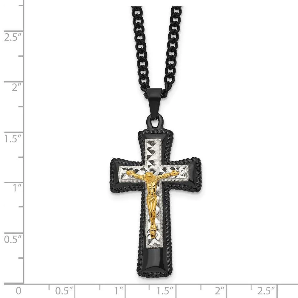 StainlessSteel Black & Yellow IP-plated w/ Silver IP Brass Crucifix Neckla