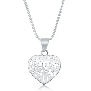Sterling Silver 17 Inch Diamond Cut Bead Chain With Flat Heart Necklace