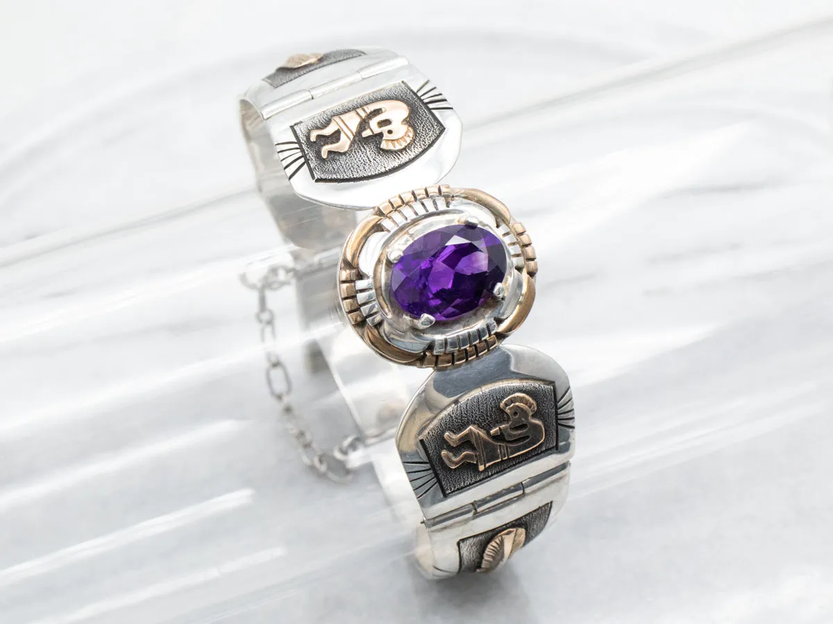 Sterling Silver and Gold Fill Amethyst Panel Link Bracelet with Native American Kokopelli Figures and Feathers