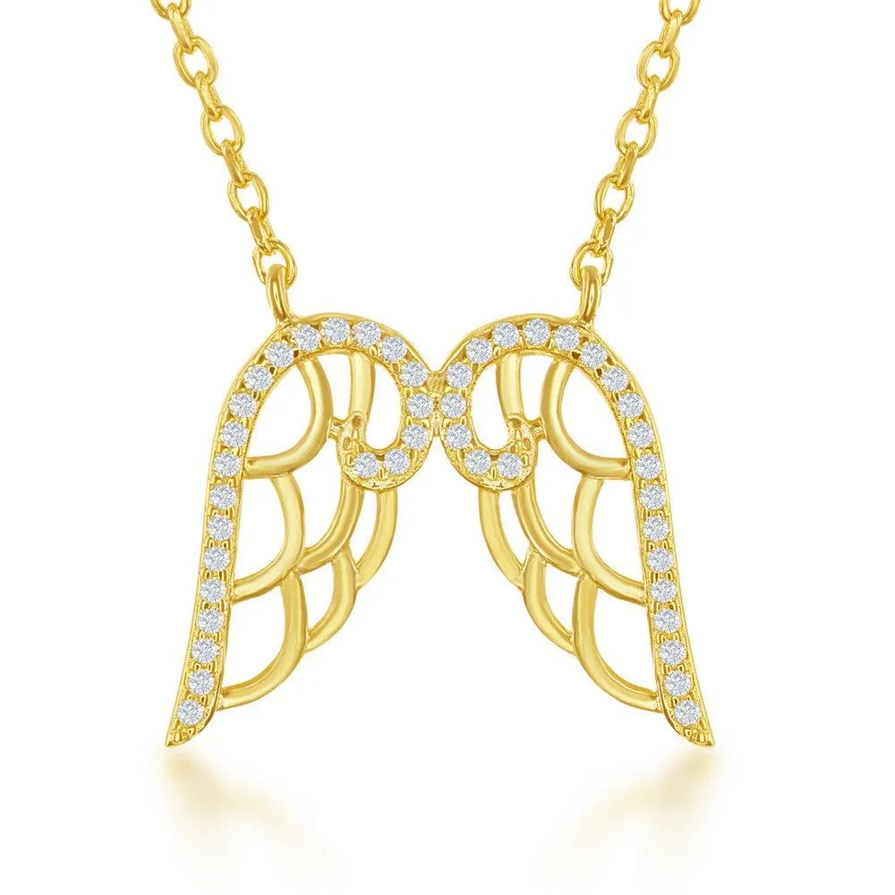 Sterling Silver Gold Plated CZ Angel Wings Necklace
