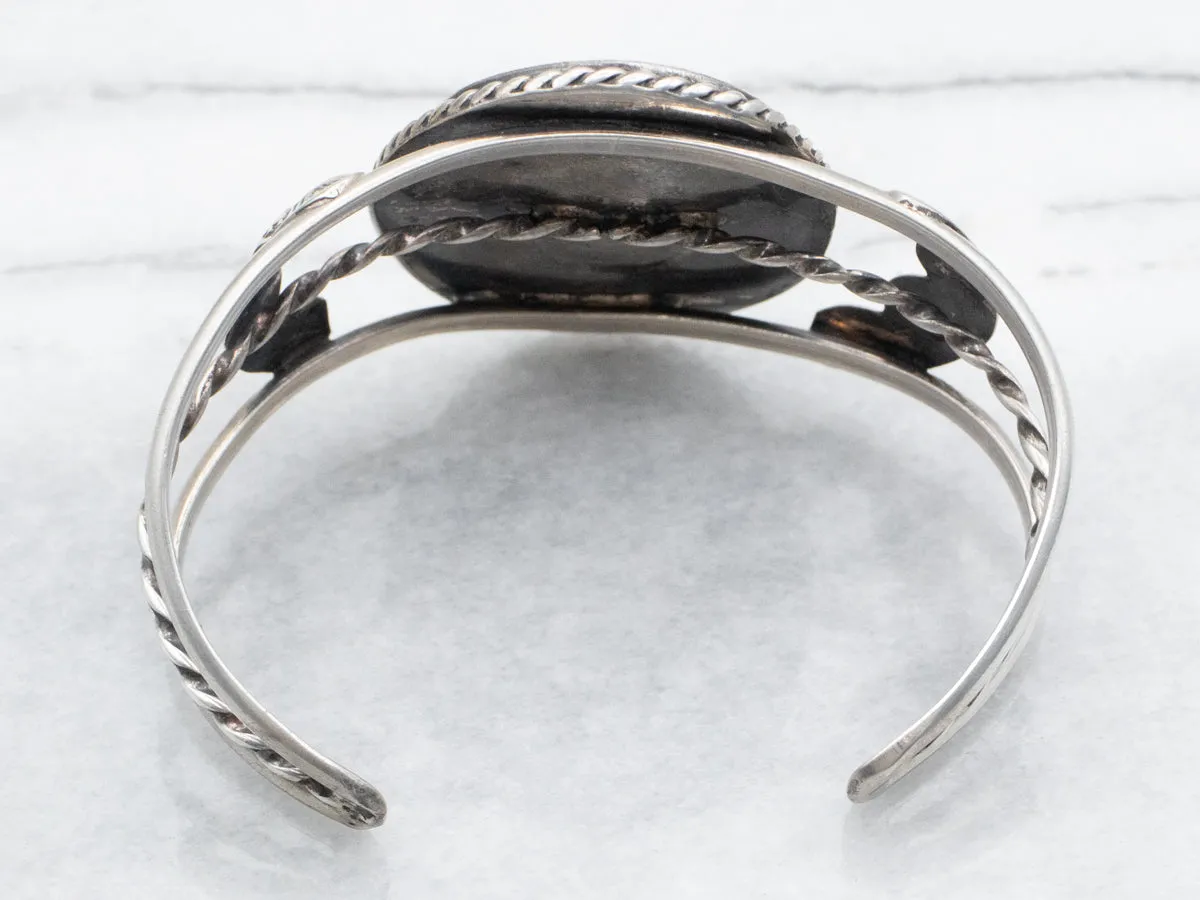 Sterling Silver Native American Mother of Pearl and Coral Cuff Bracelet