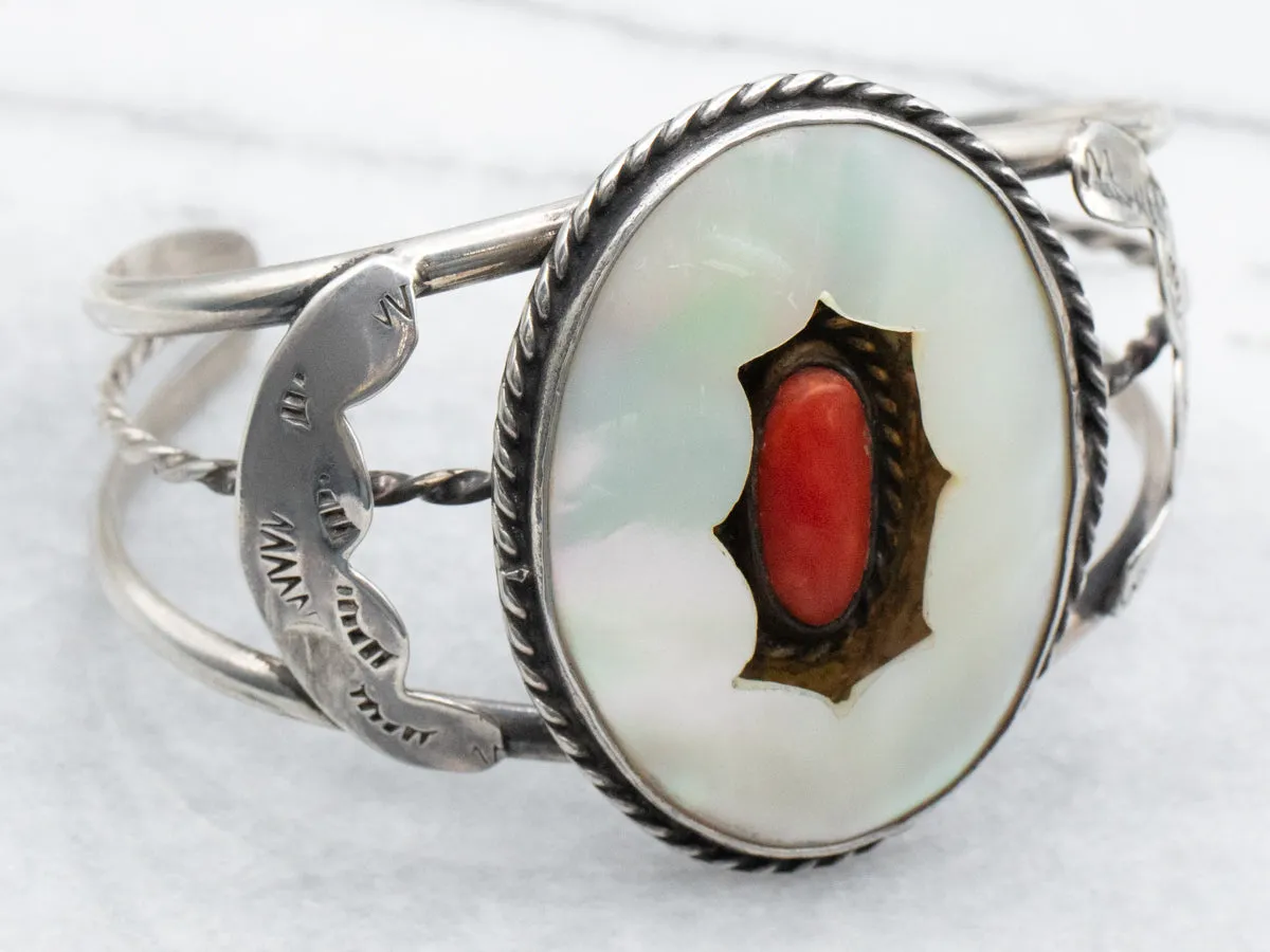 Sterling Silver Native American Mother of Pearl and Coral Cuff Bracelet