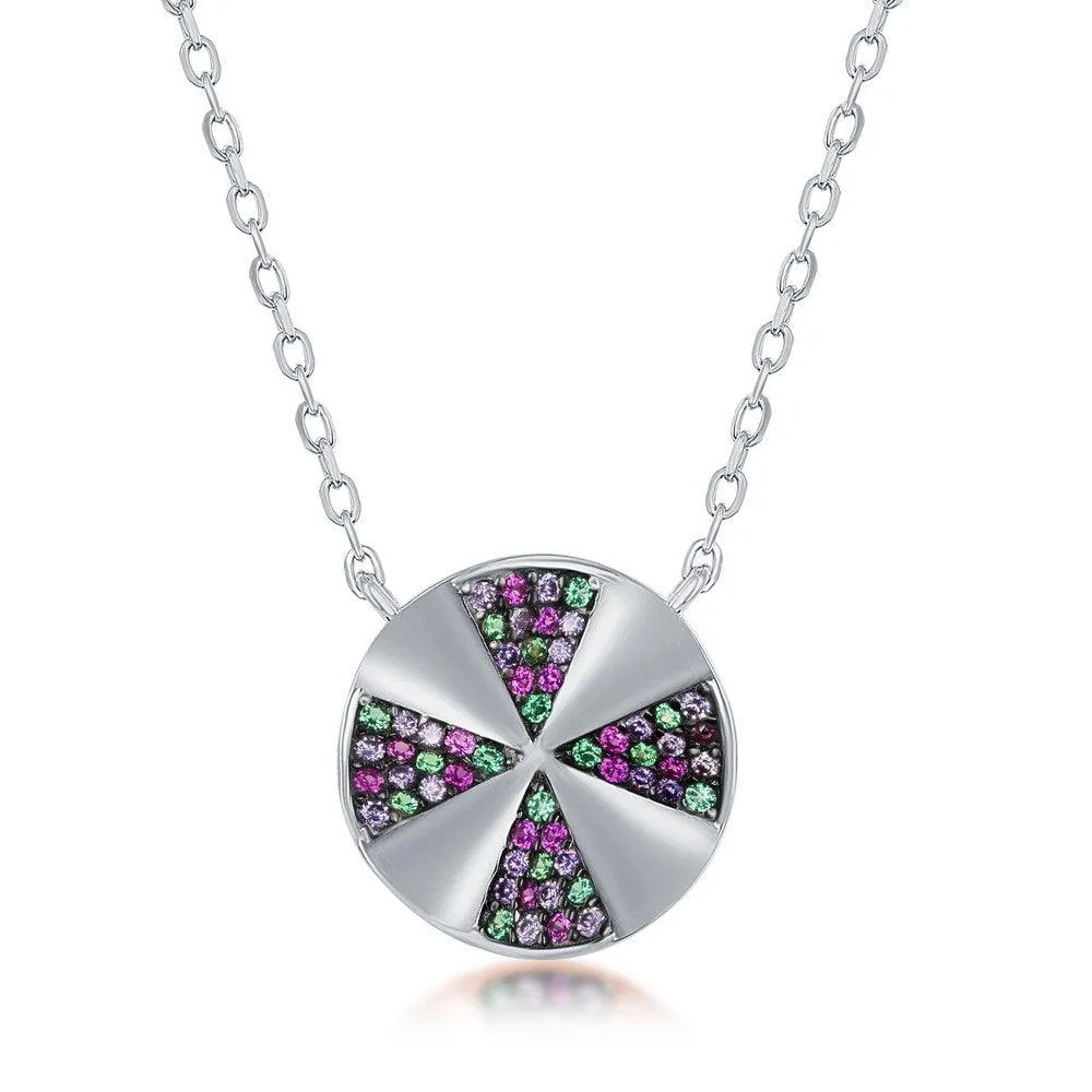Sterling Silver Rainbow Cubic Zirconia Designed Disc Necklace