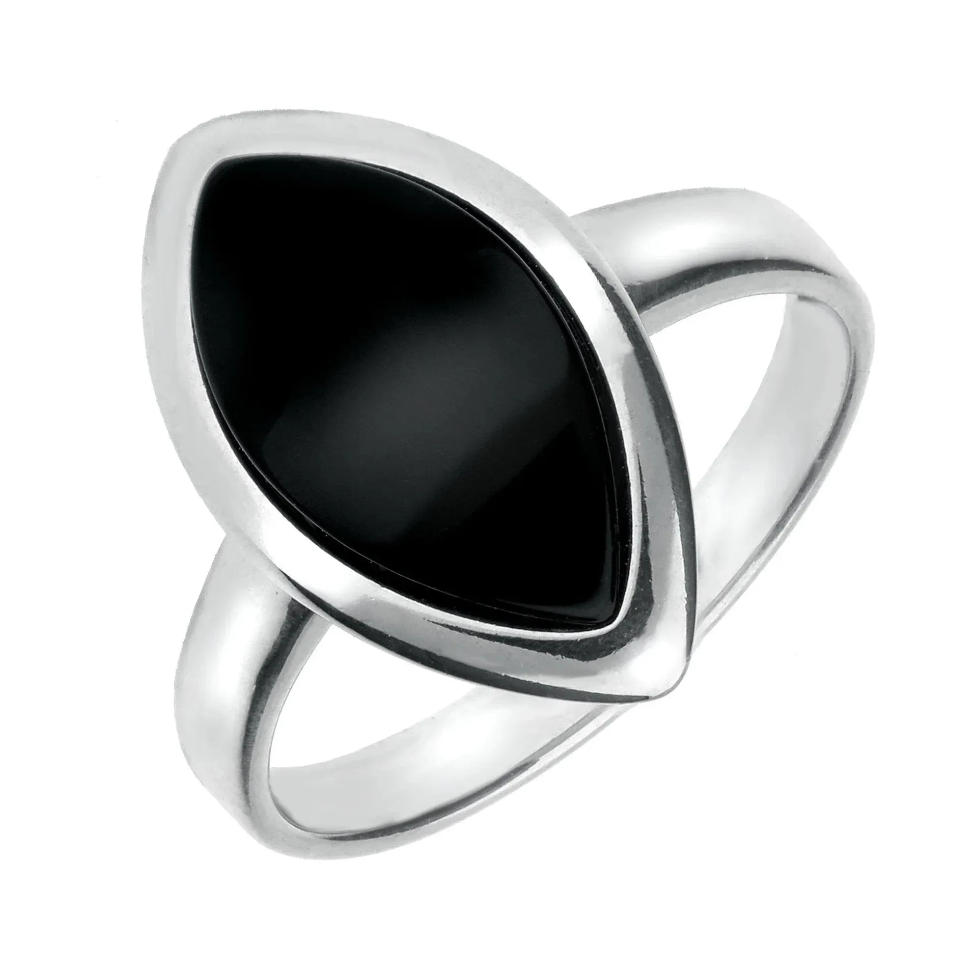 Sterling Silver Whitby Jet Curved Marquise Shaped Ring