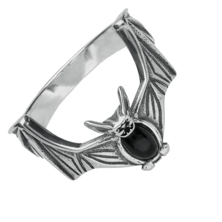 Sterling Silver Whitby Jet Oval Belly Bat Ring