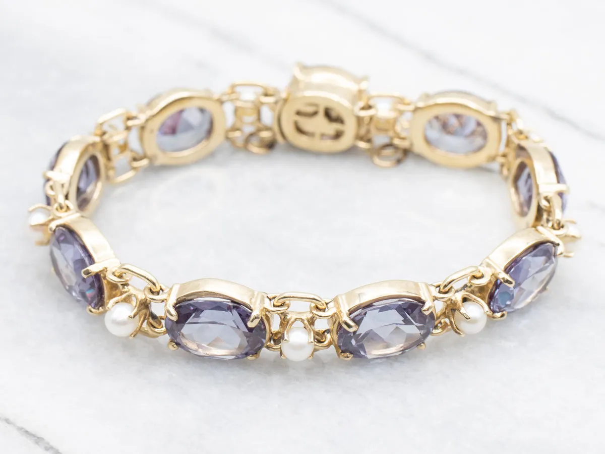 Synthetic Alexandrite and Pearl Gemstone Link Bracelet