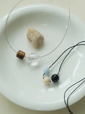 Three-Bead Natural Stone Long Black Cord Sliding Necklace