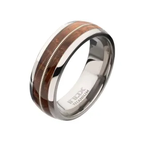 Titanium & Whiskey Barrel Wood Inlay with Embedded Guitar String Comfort Fit Ring