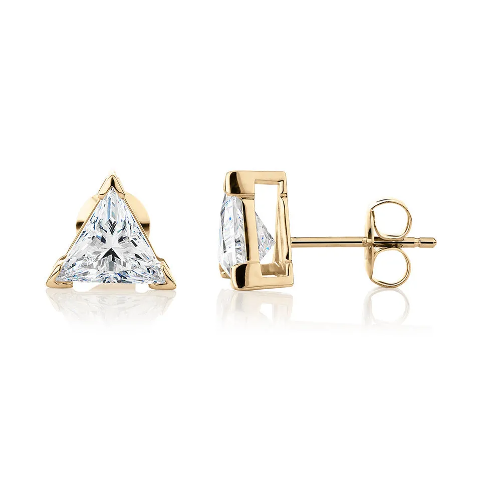 Trilliant stud earrings with 2.2 carats* of diamond simulants in 10 carat yellow gold