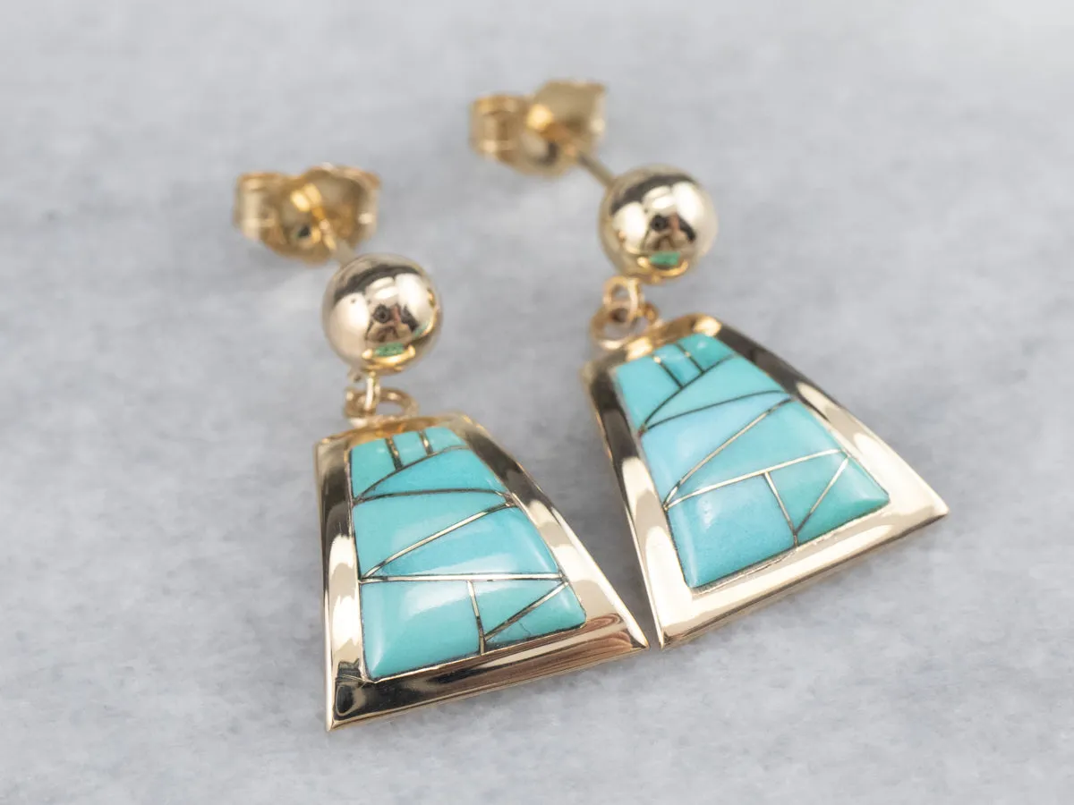 Turquoise Intarsia Drop Earrings in Yellow Gold