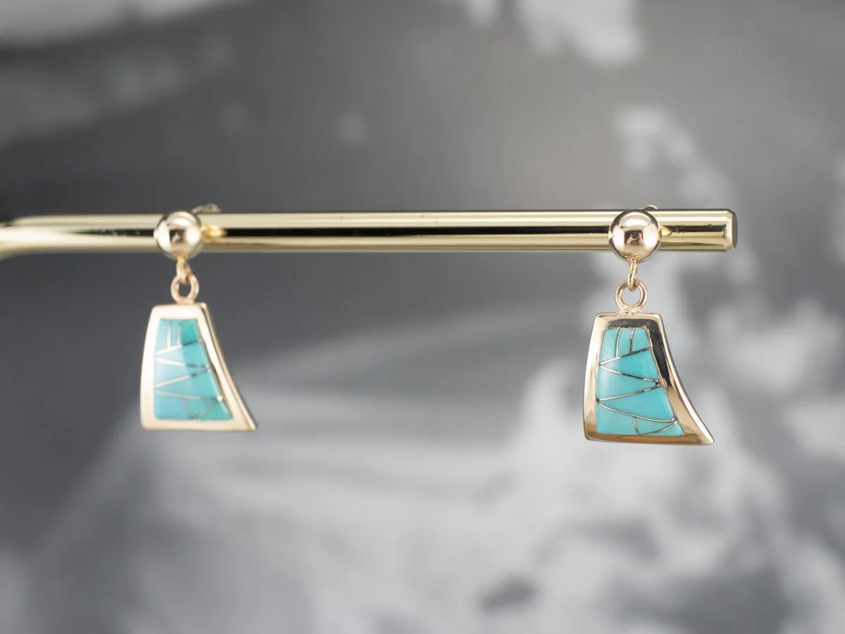 Turquoise Intarsia Drop Earrings in Yellow Gold